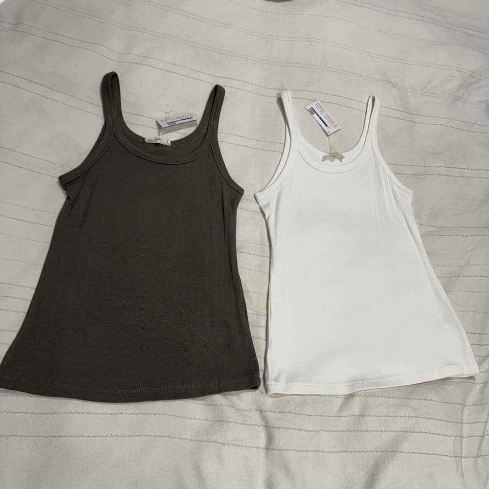 Green and White Basic Ribbed Tank Tops